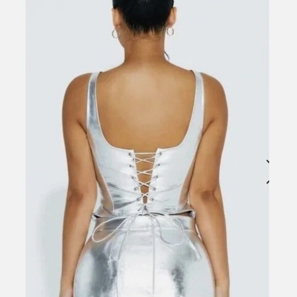 Naked Wardrobe Silver Lace & Leather Corset Top, size Medium - Picture 2 of 7